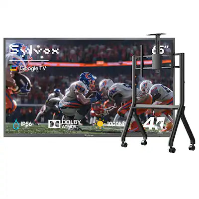 Sylvox - 65" Outdoor TV with Rolling TV Stand, 1000nits Google Smart TV, IP56 Waterproof Partial Sun Outside TV(Deck Pro3.0）
