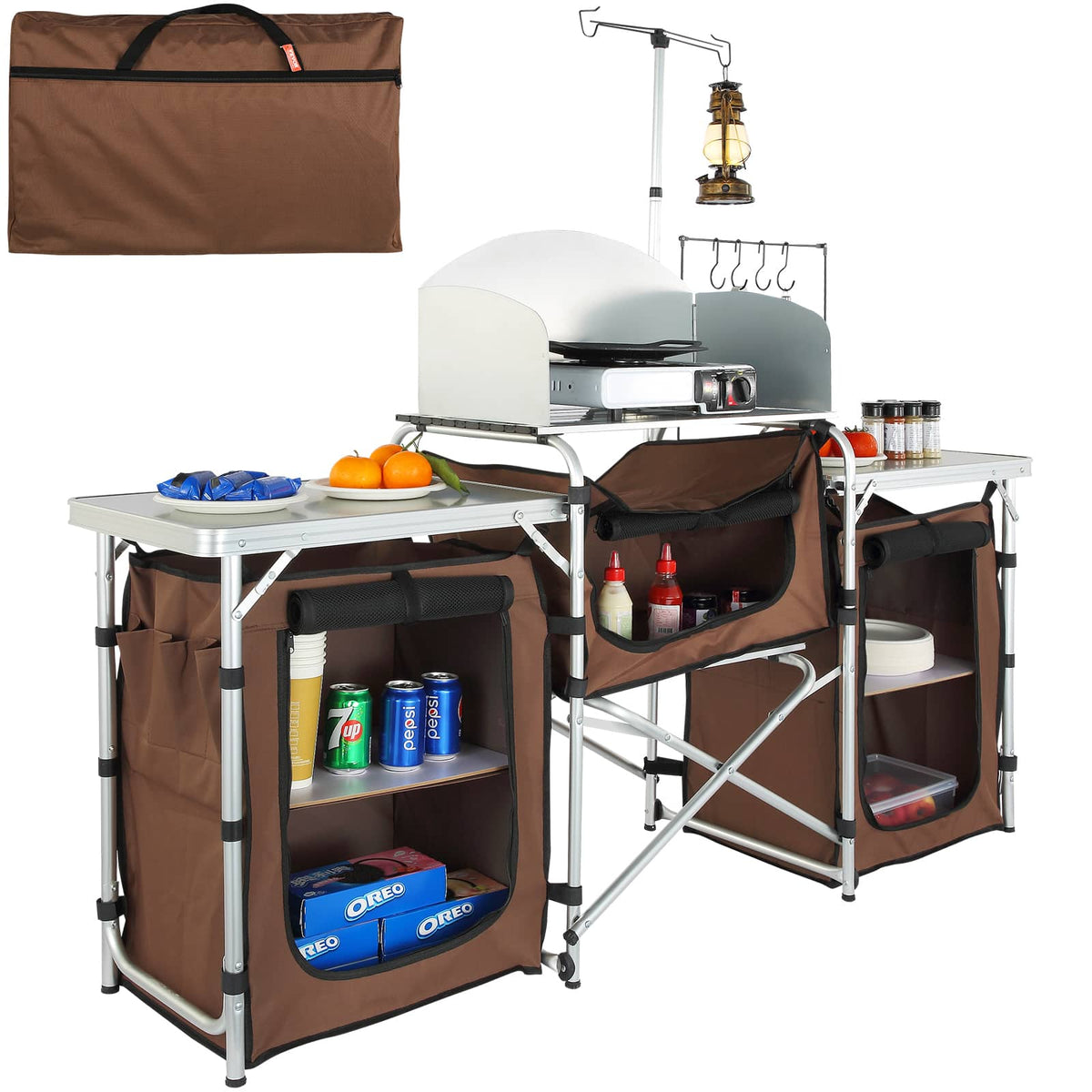 VEVOR - Camping Kitchen Table, Folding Outdoor Cooking Table with Storage Carrying Bag, Aluminum Cook Station 3 Cupboard - Brown