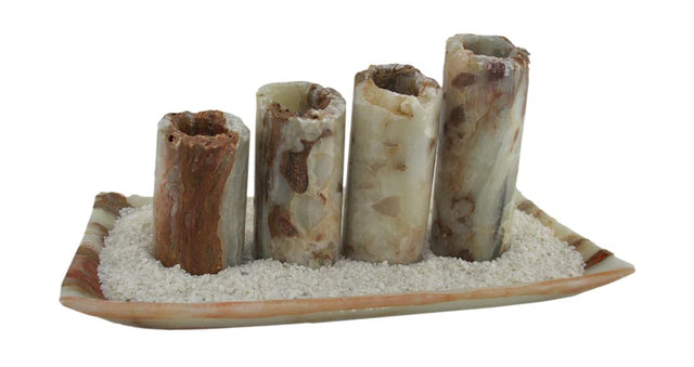 Front. Zeckos - Red and White Marble Artisan Hand Crafted 5 Piece Marble Candle and Tray Set - Multicolored.