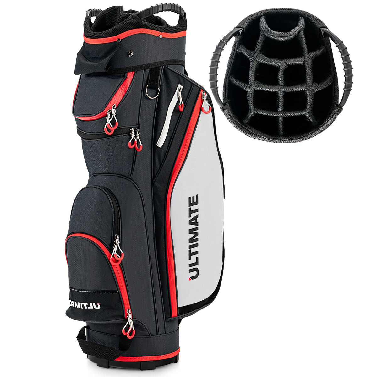 Gymax - 9.5" Golf Cart Bag w/14 Divider Rain Hood Cooler Bag 8 Pockets - Black