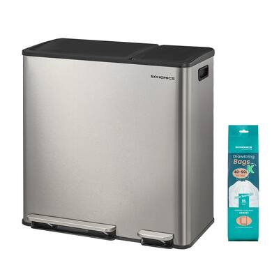Songmics Home - Kitchen Dual Trash Can, 13 + 5.3 Gallon (50 + 20 L) 2-Compartment Trash and Recycle Bin,Stainless Steel Garbage Can