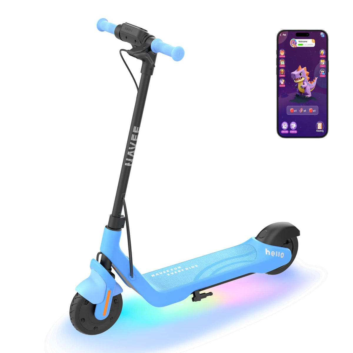 NAVEE - K100 Kids Electric Scooter for Ages 6–10, 8.7 mi Max Range, 9.9 mph Max Speed, RGB Lights, Speed Limit Control - Blue
