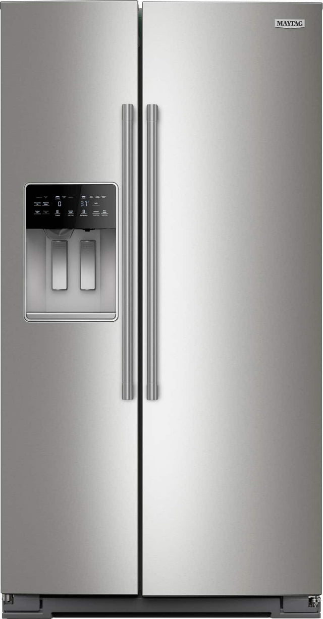 Front. Maytag - 36 in. Wide 21 cu. ft. Counter-Depth Side-by-Side Refrigerator with Arctic Blue Interior - Fingerprint-Resistant Stainless Finish.