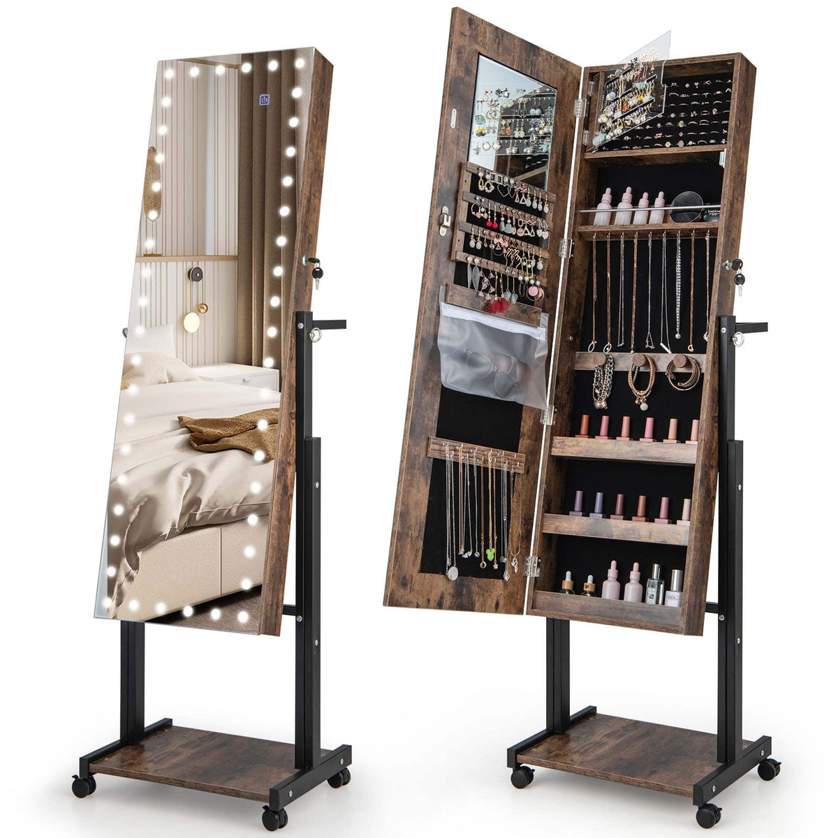 Costway - 3-Color 46 LED Lights Mirror Jewelry Cabinet Armoire Adjustable Height with Wheels - Rustic Brown
