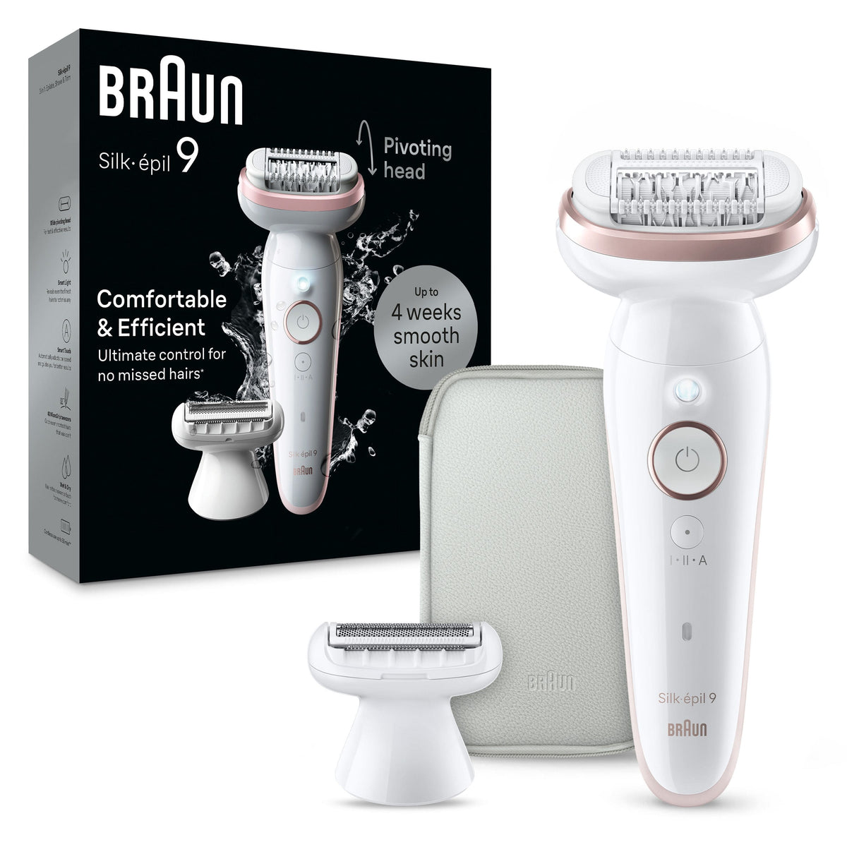 Braun - Silk-épil 9 Pivoting Head, Wet and Dry Epilator, Includes Shaver Head and Trimmer Comb - White/Flamingo