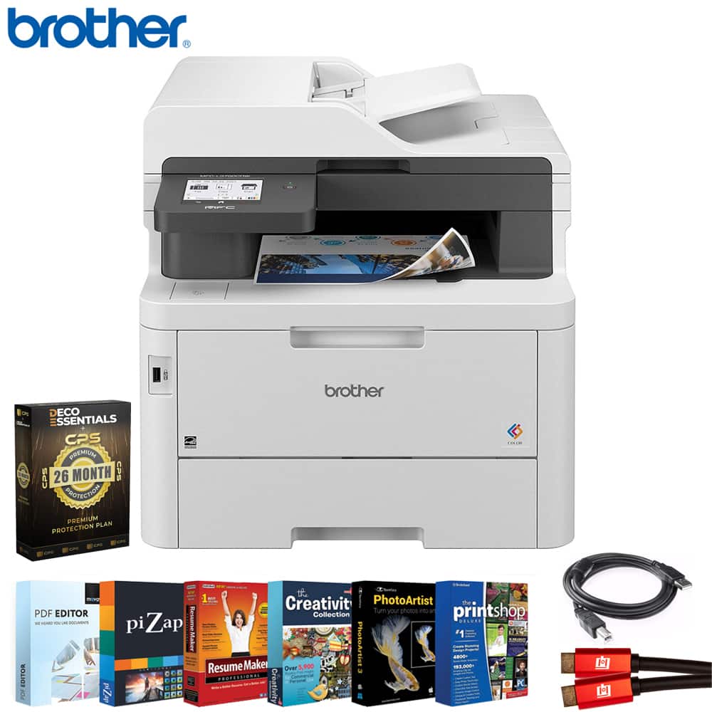Brother - MFC-L3780CDW Color All-in-One Laser Printer + 26-Month Warranty Protection Plan & Cables Package - White