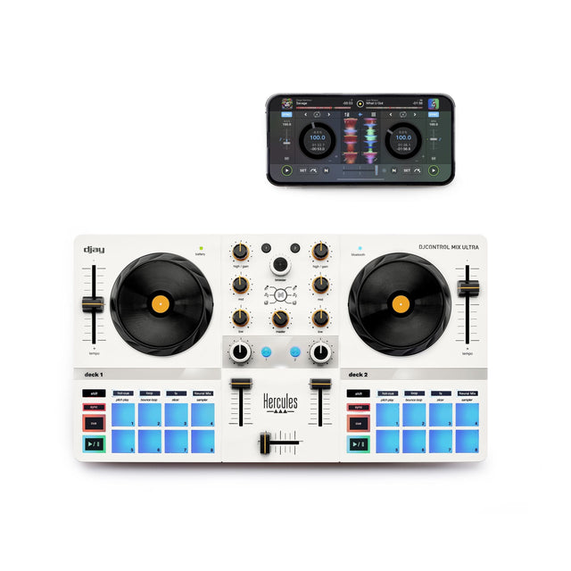 - djay
- DJCONTROL MIX ULTRA
- Hercules
- deck 1
- deck 2
- tempo
- sync
- play
- cue
- loop
- sample
- high gain
- low gain
- master
- 100.0
- 1000
- 1 d.
- A
- lock 1
- desck 2
- a 4
- a I
- a 14
- a F
- >/1 I 1 F 1