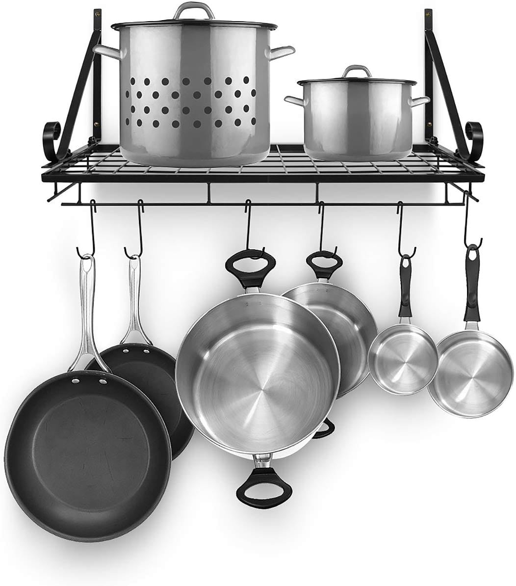 Sorbus - Kitchen Wall Pot Pan Rack With 10 Hooks - Black