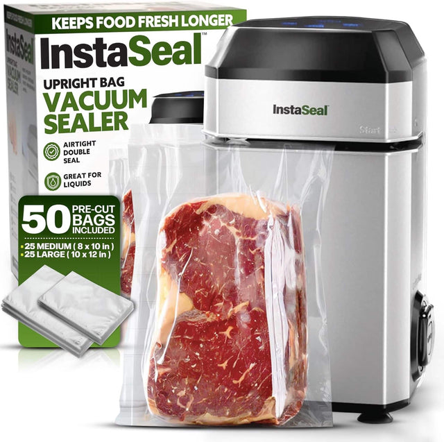 KEEPS FOOD FRESH LONGER InstaSeal UPRIGHT BAG VACUUM SEALER AIRTIGHT DOUBLE SEAL InstaSeal Start GREAT FOR LIQUIDS PRE-CUT 50 BAGS INCLUDED 25 MEDIUM (8 x 10 in) 25 LARGE (10 x 12 in)