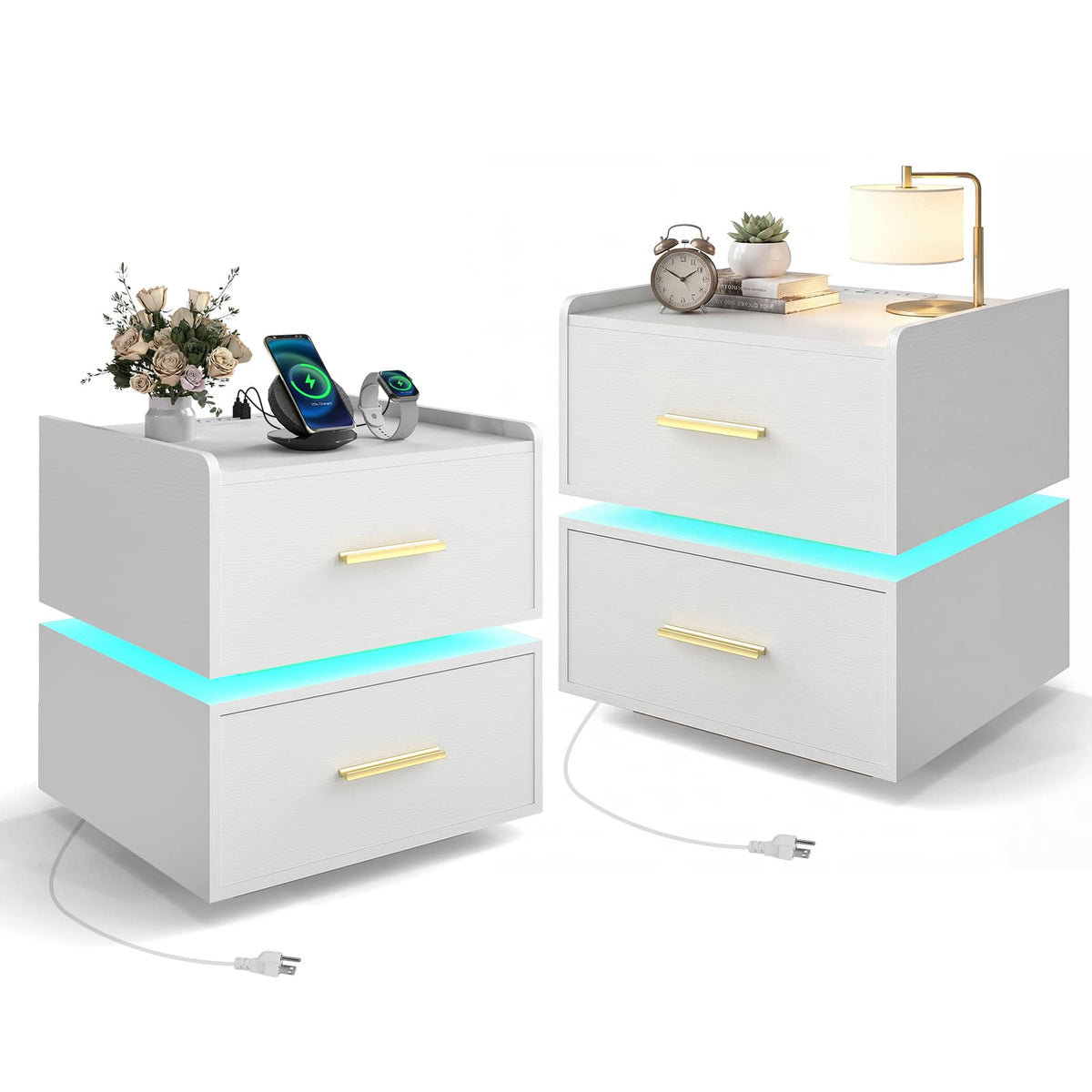 Costway - 2 PCS Nightstand with Charging Station,LED Bedside Table with 2 Storage Drawers - White