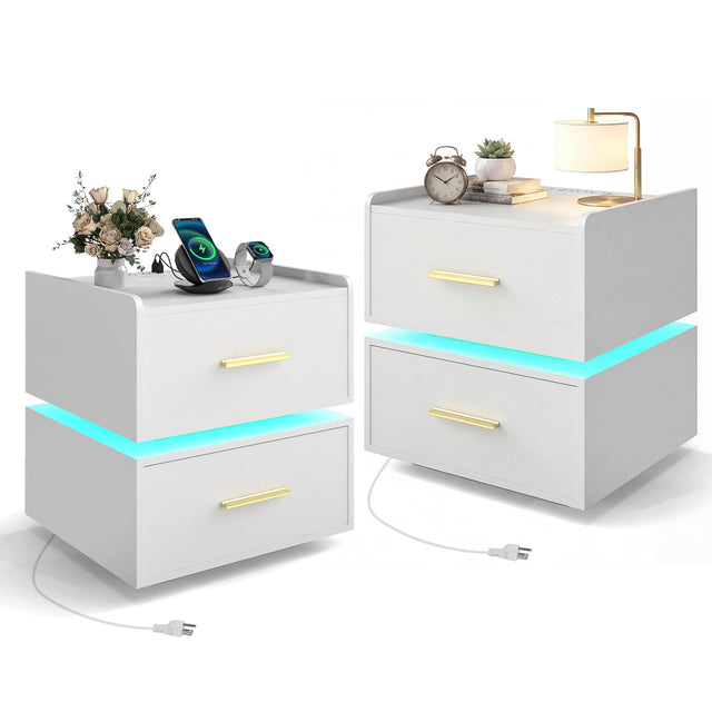 Front. Costway - Costway 2 PCS Nightstand with Charging Station,LED Bedside Table with 2 Storage Drawers - White.
