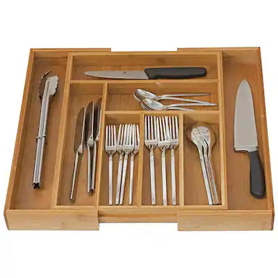 Home It - Expandable Cutlery Bamboo Kitchen Utensils and Flatware Drawer Divider - Drawer Utensils Organizer