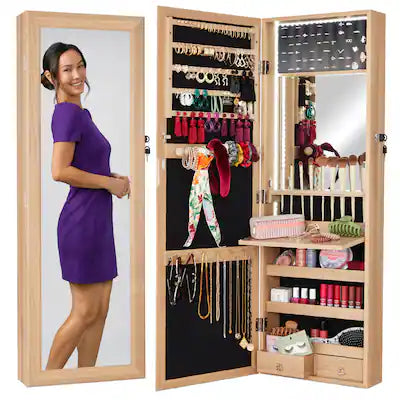 Best Choice Products - Hanging Mirror Jewelry Armoire, Door or Wall Mounted Cabinet w/ LED Lights, Lock