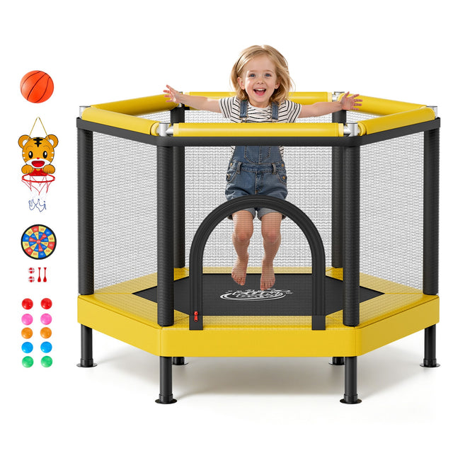 Front. VEVOR - Trampoline for Kids, Toddler Mini Trampoline, 132 lbs Capacity Indoor Outdoor Play Toys with Enclosure Net - Yellow.