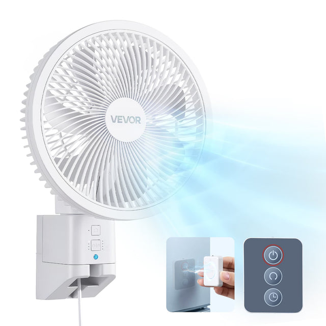 Front. VEVOR - 8.5 in Wall Mount Fan, Oscillating Hanging Fan with Remote Control, 10 ft Powerful Airflow, DC Motor, 4 Speeds & Timer - White.