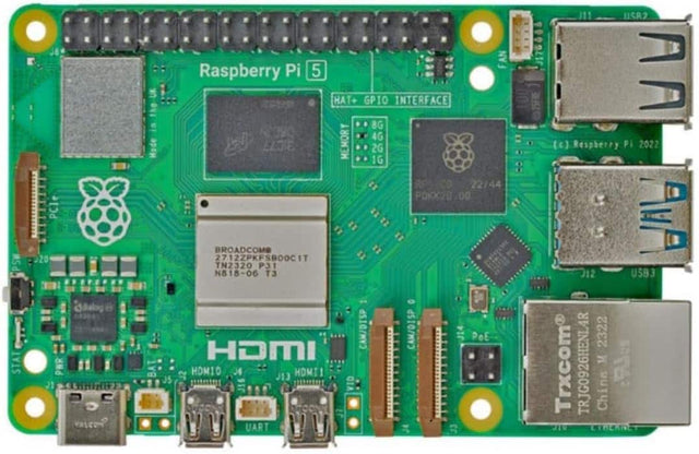 Raspberry Pi 5

HAT+ GPIO INTERFACE

MEMORY
- 8G
- 4G
- 2G
- 1G

BROADCOM
2712ZPKFSBOOCIT
TN2320 P31
N818-06 T3

HDMI
HDMI1

UART

USB3

(c) Raspberry Pi 2022

Trxcom
TRG0926HENLAR
China
2322

JTV CINERALT

STAT PCle 20 PWR JI 5dalog UK the BAT AN Raspberry Pi 5 HAT GP10 INTERFACE 8G 4G ELOIE MEMORY 2G 1G RF CO 22/44 POKK20 00 BROADCOME gue 2712ZPKFSBOOCIT TN2320 P31 N818-06 T3 CAM/DISP CAM/DISP J14 PoE HDMI HOMIO 6 HDMI1 JS J13 J15 QIY UART JA JJ PonIr J1 U2 (c) Respherry PI