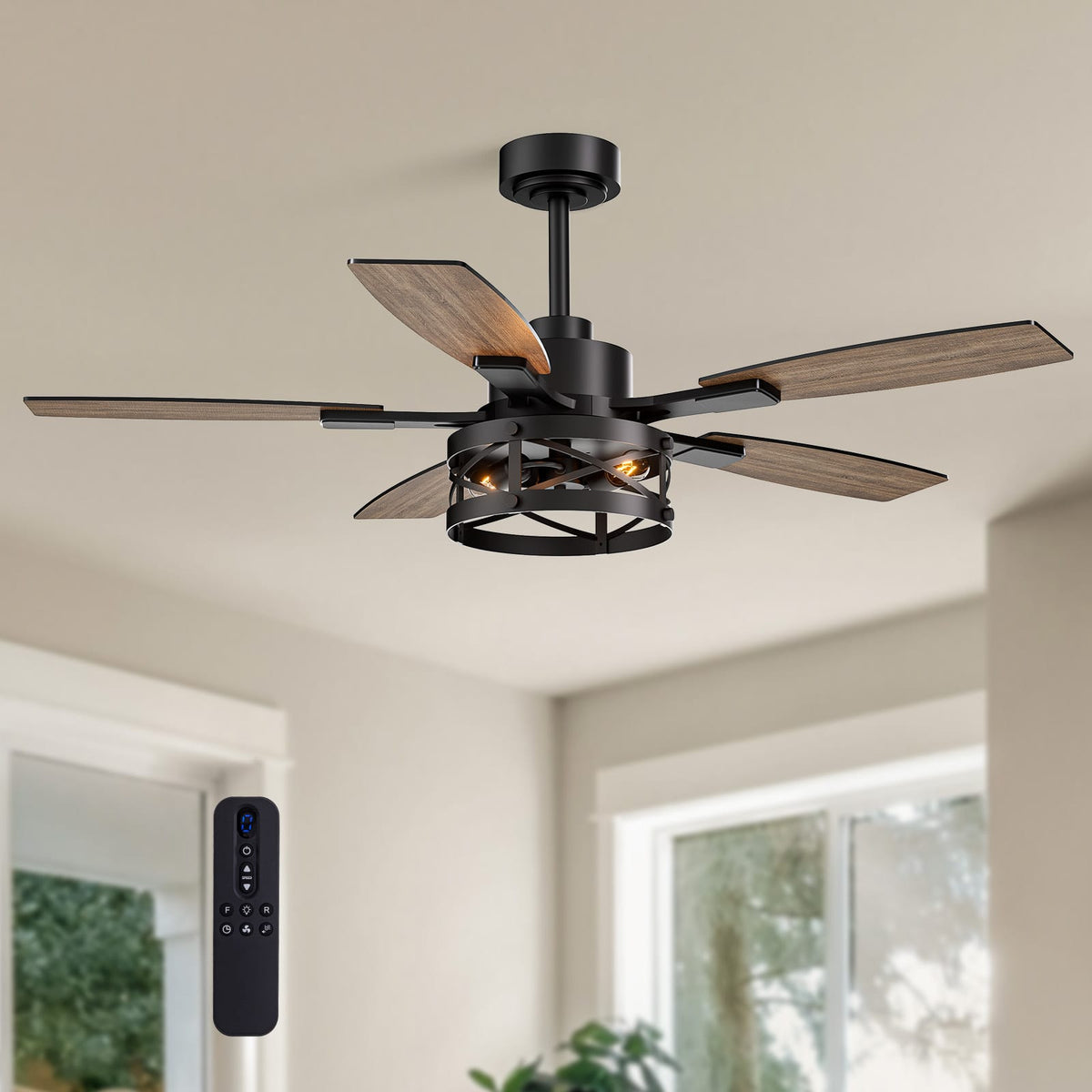 Siljoy - 52-in Rustic Cage Ceiling Fan with Walnut or Black Color Blades Ceiling Fan With Light - Remote Included ( 5-Blade ) - Matte Black