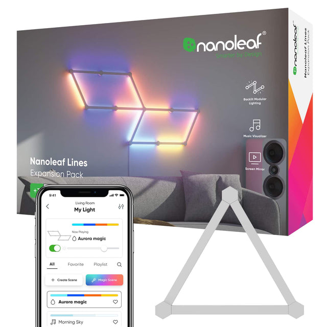 nanoleaf Smarter by Design | nanoleaf Lines POCk Nancleat Esponsion Bockli Modular Lighting Music Visualizer Nanoleaf Lines Expansion Pack Screen Mirror + 9:41 Io Living Room My Light Now Playing Aurora magic All Favorite Playlist + Create Scene Magic Sceno Aurora magic Morning Sky