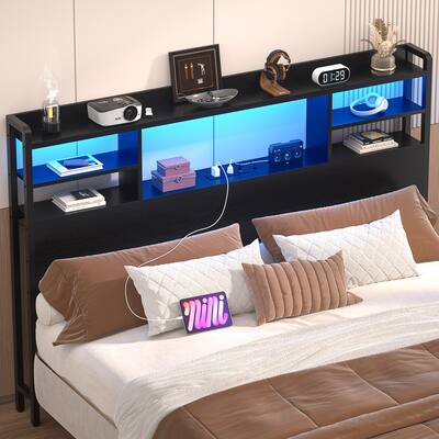 Aheaplus - Full Size Headboard with Power Outlet and RGB LED Lights, Headboard with Storage Shelves