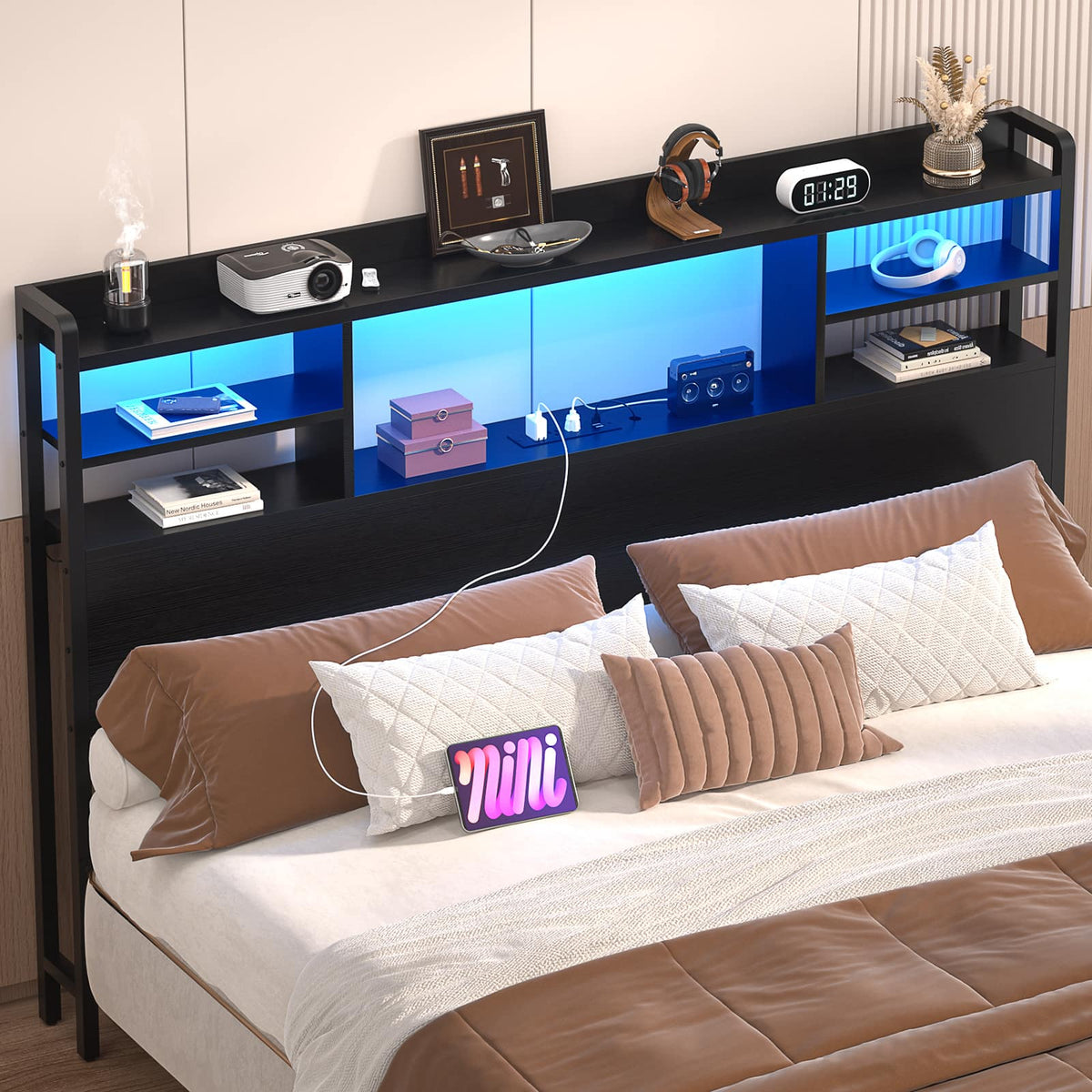 Aheaplus - Full Size Headboard with Power Outlet and RGB LED Lights, Headboard with Storage Shelves - Black