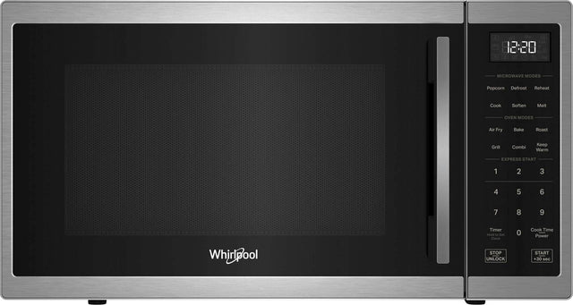 The text on the image is grouped and corrected as follows:

1. Microwave modes: Popcorn, Defrost, Reheat, Cook, Soften, Melt
2. Oven modes: Air Fry, Bake, Roast, Grill, Combi, Keep Warm
3. Express Start: 1, 2, 3, 4, 5, 6, 7, 8, 9
4. Whirlpool Timer: Hold 1e Set Clock
5. Cook Time: Power START +30 sec
6. Unlock: 0

This grouped and corrected text provides a clear understanding of the various features and functions of the microwave and oven.