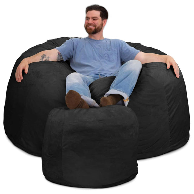 Front. Ultimate Sack - Ultimate Sack 5 Ft Foam Filled Fur Covered Bean Bag Chair w/Footstool, Charcoal - Charcoal Fur.