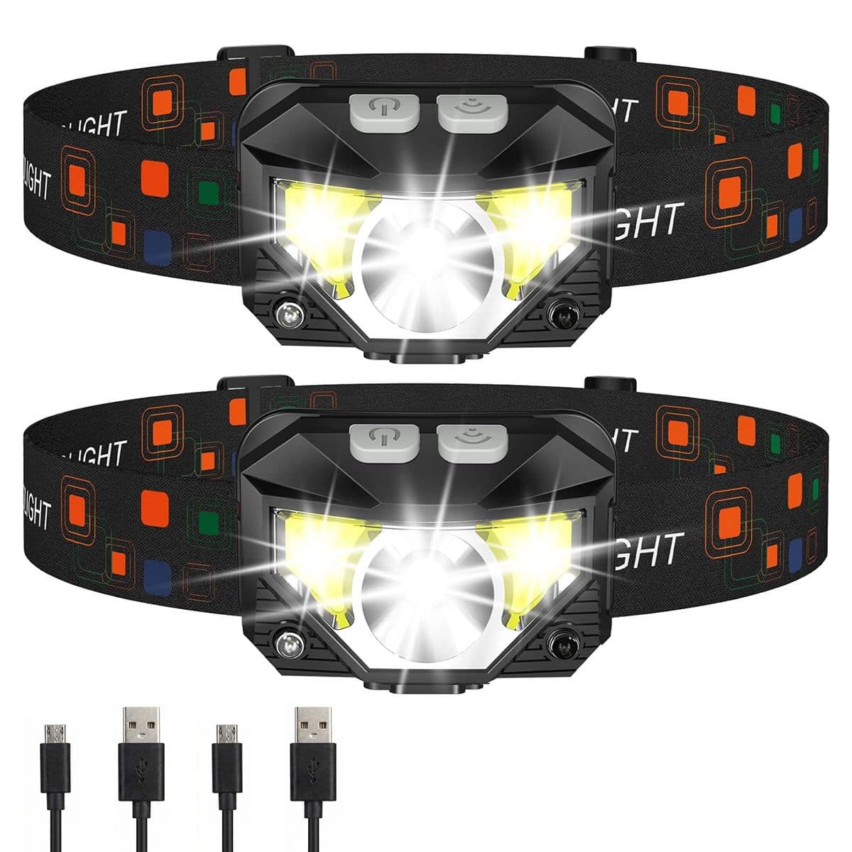 COWIN - 2 Pack Rechargeable LED Headlamp Ultra Bright Waterproof Headlight Motion Sensor 8 Modes For Camping Fishing Outdoor Use - Black