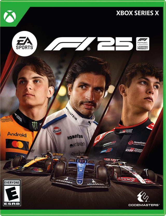 XBOX SERIES X  
EA SPORTS  
F1 25  
Formula 1 LICENSED PRODUCT  
Hiltos OPTIMUM  
THE  
NL FOS  
Android  
er  
DD  
MYPROTEIN  
Gulf  
KOMATSU  
mkraken  
Stephen  
AF  
TOTEIA  
GArUO  
GR  
aie  
HAAD  
MoneyGram  
INSURANCE  
FT  
TEAN  
GO  
GR  
GAEDO  
TOYOT  
EVERYONE  
E  
ESRB  
CODEMASTERS