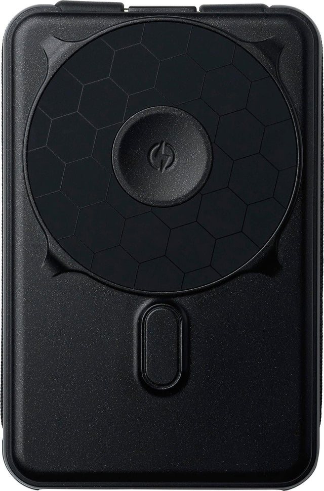 Front. The Ridge Wallet - MAGSAFE POWER BANK 10,000mAh 20w 5-in-1 with integrated lightning and USB-C cables, Apple Watch charging, and Kickstand - Black.