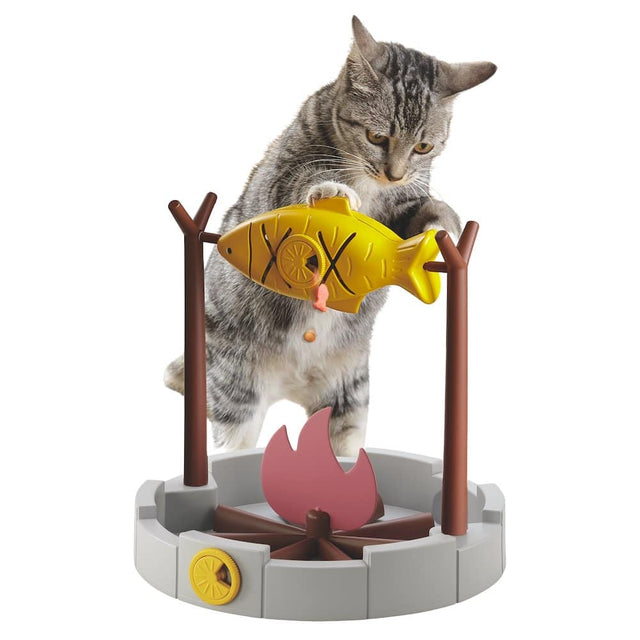 Front. PetPals - Grilled Fish Toy Slow Feeder and Treat Dispenser with Rotating Fish - Gray.
