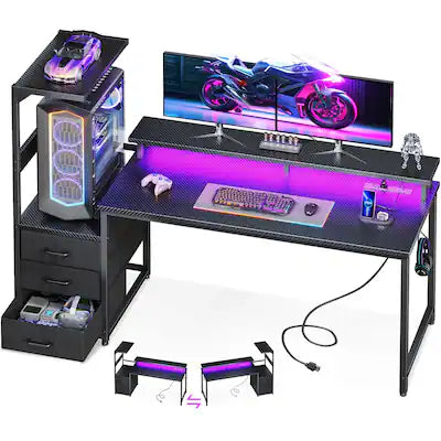 AODK - Reversible Gaming Desk with LED Lights,Charging Station,Fabric Drawers, Monitor Stand and Side Hook