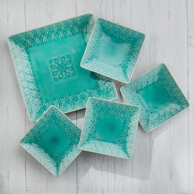 Front. Euro Ceramica Home - Peacock 5-Piece Square Appetizer Plate Set -- Lagoon - Lagoon.