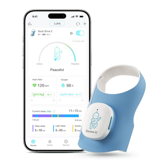 9:41  
Luke  
Sock Shoe 2  
95%  

09:25 AM  
Active  
Peaceful  

Heart Rate  
126 bpm  

Oxygen  
98%  

Current sleep  
Beta  

11 h 13 min  

7:26 pm  
Deep sleep  
5 h 18 min  

Light sleep  
5 h 55 min  

Awake  
2 time  

Sense-U  

Devices  
Activity  
Discover