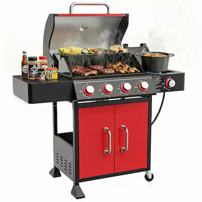 HUGROVE - 4 Burner Propane Gas Grill, 56,000 BTU BBQ Grill with Side Burner, Warming Rack & Porcelain-Enameled Cast Iron Grates