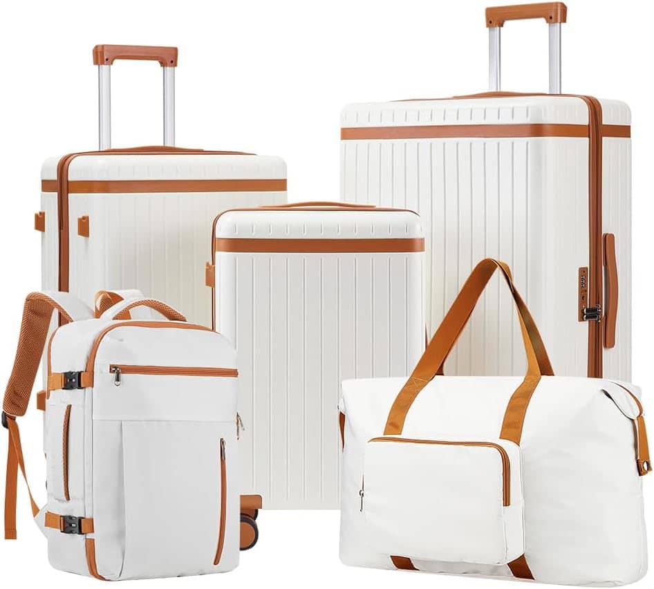 Quick Deer - 5-Piece Spinner Luggage Set with TSA Lock, 180° Travel Backpack and 60L Foldable Duffel Bag for Travel - White & Brown