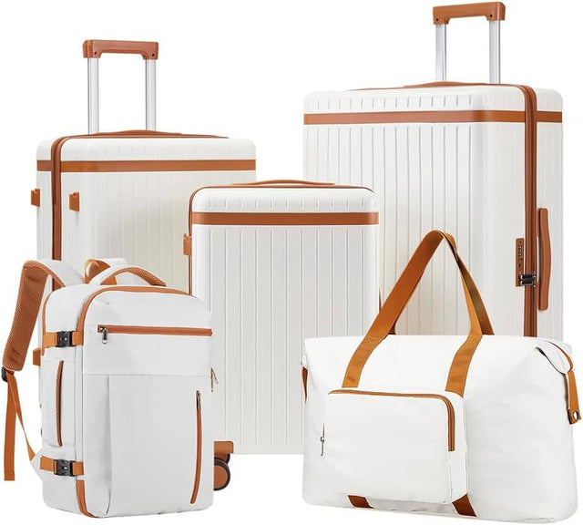 Front. Quick Deer - 5-Piece Spinner Luggage Set with TSA Lock, 180° Travel Backpack and 60L Foldable Duffel Bag for Travel - White & Brown.