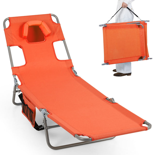 Front. Costway - Costway Patio Tanning Chair,Folding Beach Lounge Chair with 5-Position Adjustable Backrest - Orange.