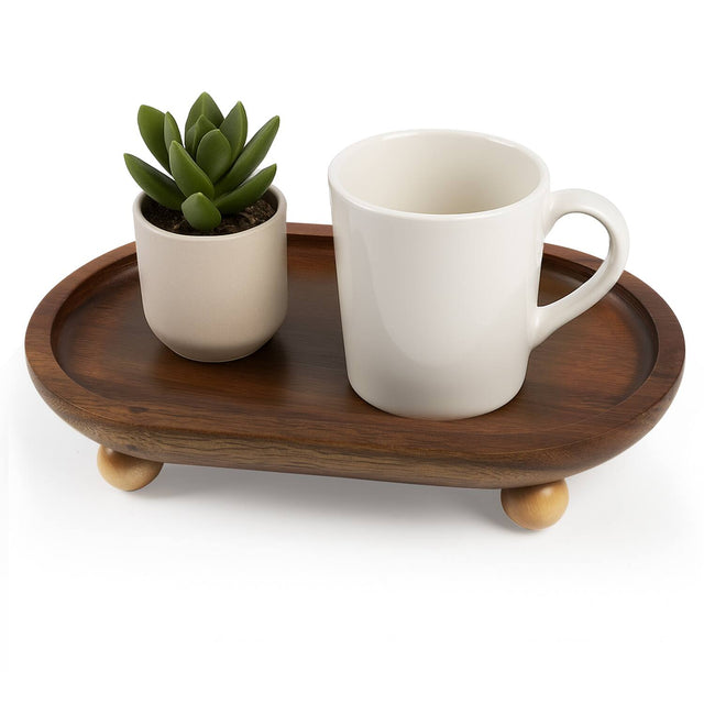Front. Garnen - Kitchen Wooden Serving Tray Acacia Wood Tray for Coffee Table Bathroom Vanity Counter Oval Pedestal Stand Wood Tray - Brown.