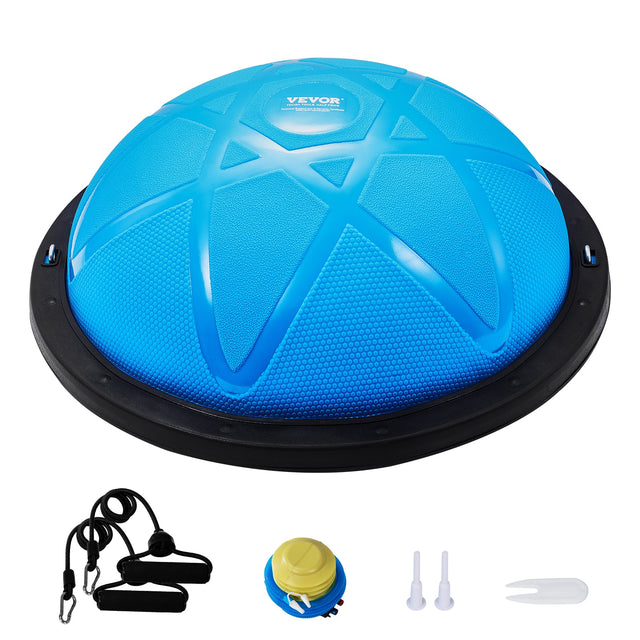 Front. VEVOR - Half Exercise Ball Trainer,23 inch Balance Ball Trainer, 660 lbs Capacity Stability Ball,Yoga Ball with Resistance Bands - Blue.