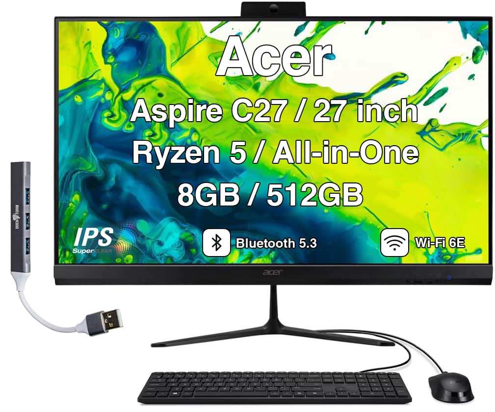 Acer - Aspire C27 All-in-One 27 FHD Display (Ryzen 5 7430U, 8GB, 512GB SSD, AMD Radeon, WiFi 6E, Win 11 Home) w/USB Hub - Black