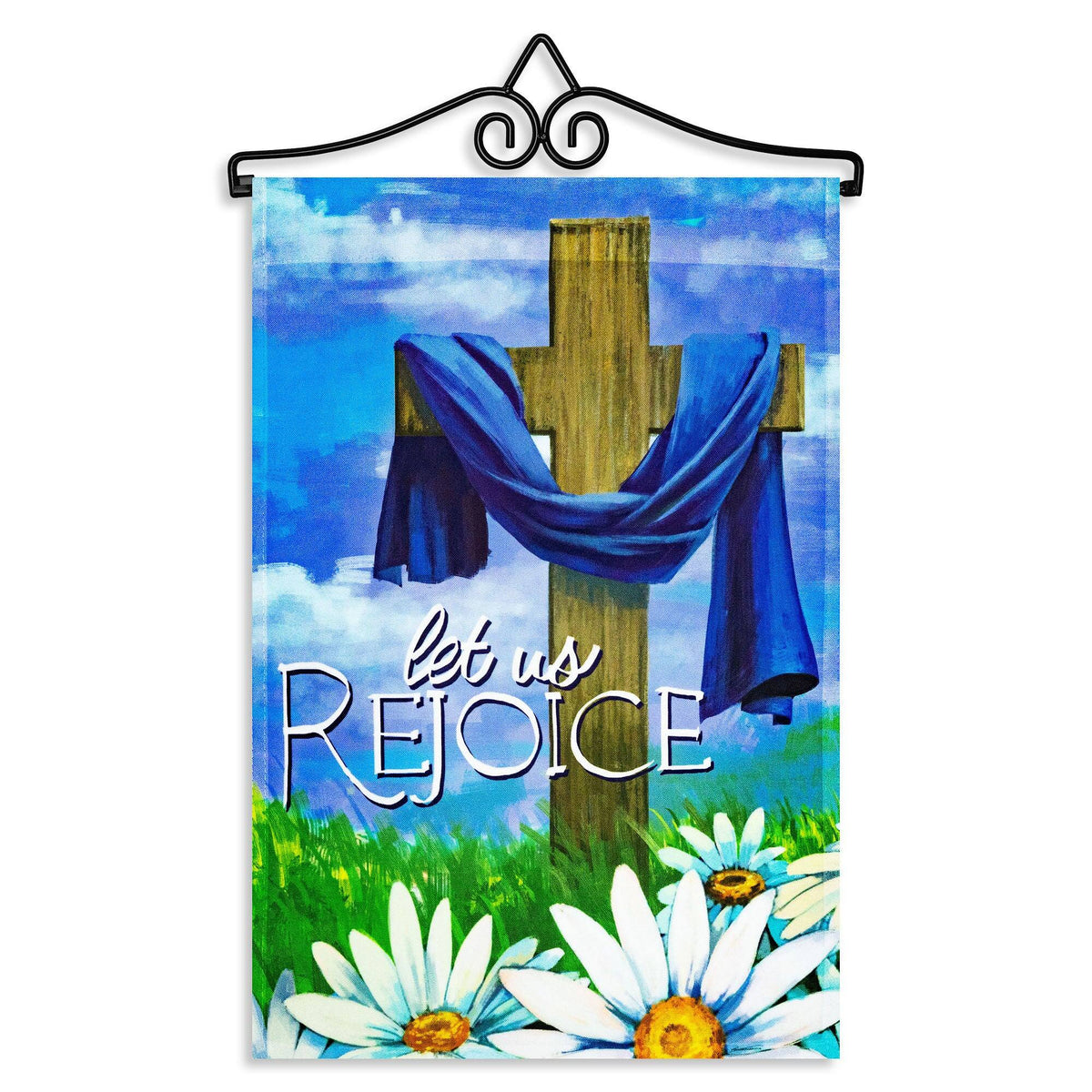 G128 - Combo Pack: 14.2 in Garden Flag Hanger with 12x18 in Let Us Rejoice Easter Cross 150D Polyester Flag - Blue