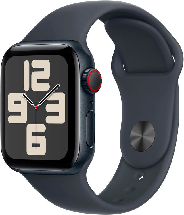 Angle. Apple - Apple Watch SE 2nd Generation (GPS+Cellular) 40mm Aluminum Case with Midnight Sport Band - M/L - Midnight.