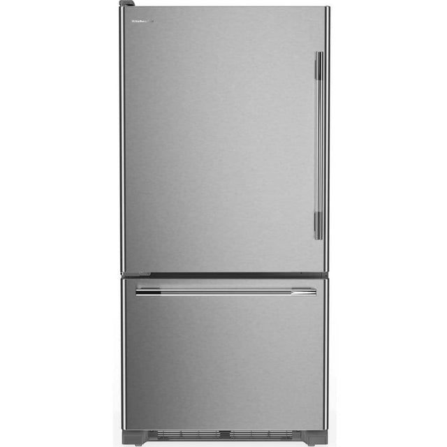 Front. KitchenAid - 22 Cu. Ft. 33-Inch Standard-Depth Bottom Mount Refrigerator with Left Door Swing - PrintShield Stainless.