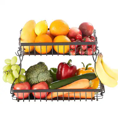 VEVOR - 2 Tier Fruit Basket, Countertop Fruits Vegetable Bowl with Banana Hangers, Metal Wire Storage Stand for Kitchen Counter