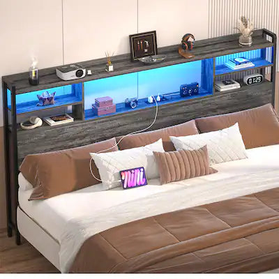 Aheaplus - King Size Headboard with Power Outlet and RGB LED Lights, Headboard with Storage Shelves