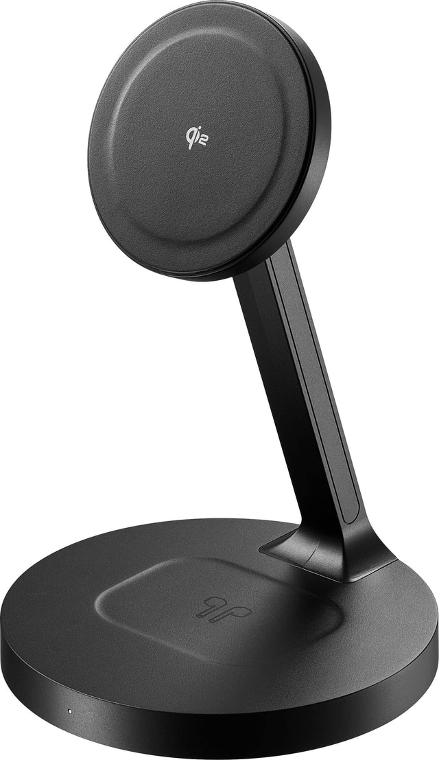 Front. Insignia™ - Qi2 Certified, 2-in-1 Fast Wireless Charging Stand with 20W Total Output for iPhone, AirPods, and More - Black.