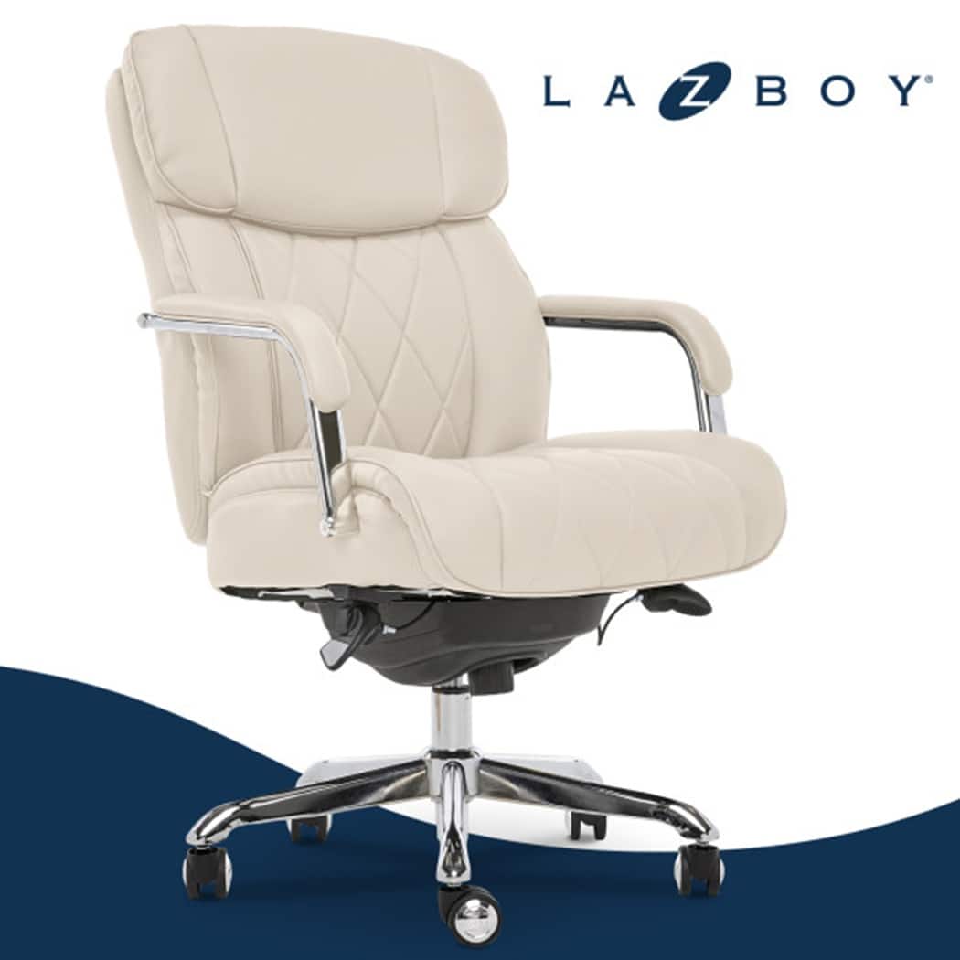 La-Z-Boy - Ergonomic Office Chair with Lumbar Support Reclining Backrest & Adjustable Height Quilted Leather Executive Office Chair - Light Ivory