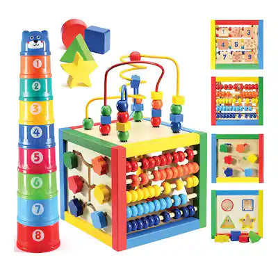 Play22 - Wooden Activity Cube with Bead Maze, Shape Sorter, Abacus Counting Beads, Counting Numbers, Sliding Shapes - 5 in 1