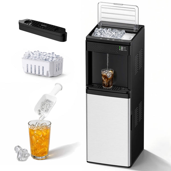 SIMZLIFE - Bottom loading water dispenser with ice maker, 33 pounds/24-hour ice making capacity, child safety lock, 3-temperature - black&silver