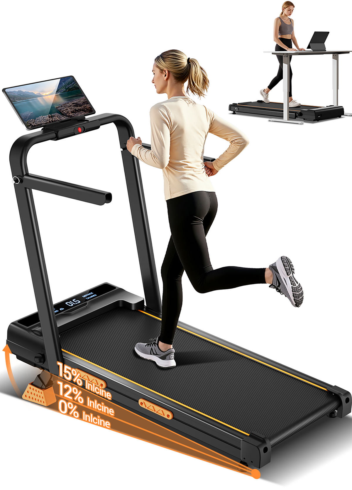 ROBORE - X5F Portable Folding Treadmill for Home Office-15% Incline, 6.3 MPH 3HP Quiet Motor, LED Display, Remote Control, 350lbs - Black